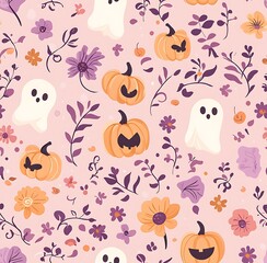 A cute pastel goth seamless pattern with pumpkins, ghosts