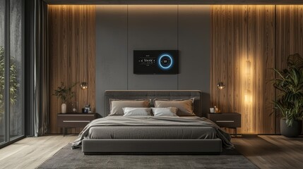 A bedroom with a large bed, nightstands, and a potted plant