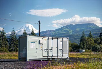 Energy Storage Container. A large energy storage container set against a scenic backdrop of mountains and a clear sky.