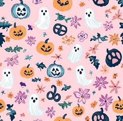 A cute pastel goth seamless pattern with pumpkins, ghosts
