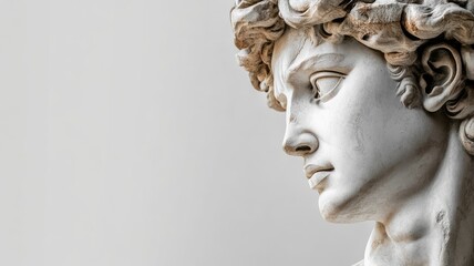 Detailed white marble statue of classical male figure with curly hair