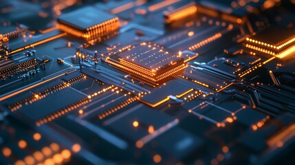 Fototapeta premium An intricate circuit board with glowing components, close-up view with illuminated parts, Tech-inspired style