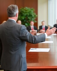 Business meeting in progress with a speaker addressing a boardroom audience.