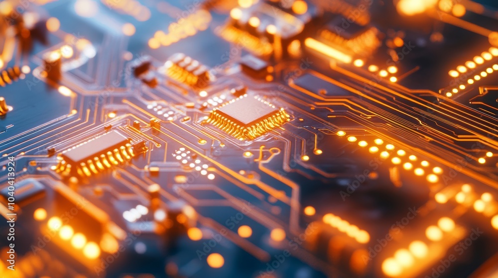 Fototapete an intricate circuit board with glowing components, placed on a reflective surface, high-tech style