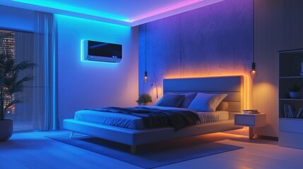 A bedroom with a blue bed and a white dresser