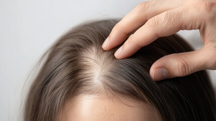 Fototapeta premium A man hand gently touching the top of a woman head, showing visible thinning and balding areas on her scalp, highlighted on a white background, symbolizing hair loss.