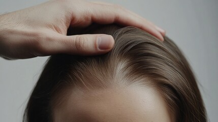 Fototapeta premium A man hand gently touching the top of a woman head, showing visible thinning and balding areas on her scalp, highlighted on a white background, symbolizing hair loss.