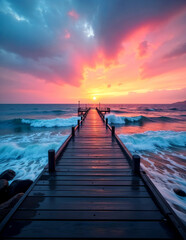 Obraz premium A wooden dock or pier extending into a body of water, with dramatic colorful clouds and a vibrant sunset in the background. The waves are crashing against the rocks and the pier, creating a serene and