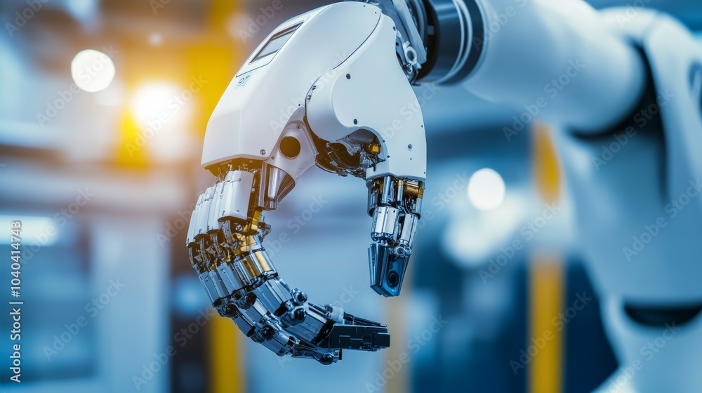 Poster An intricate robotic arm in operation with a focus on its joints and movements, high-tech lab setting with focused lighting, Dynamic style