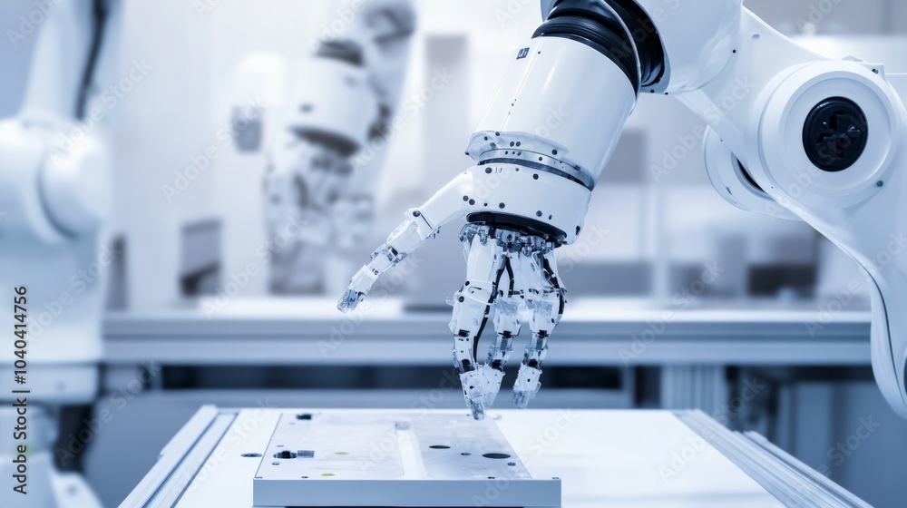 Poster An intricate robotic arm in operation with a focus on its joints and movements, high-tech lab setting with focused lighting, Dynamic style