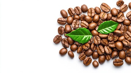 Naklejka premium A photostock images of coffee beans scattered on a clean white background, isolated on white background, High Quality