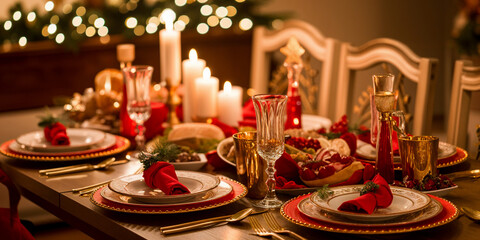 A Festive Dining Table Adorned with Candles, Gourmet Food, and Glittering Decorations