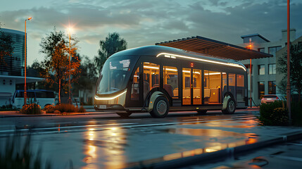 Obraz premium Modern Electric Bus at Night in City
