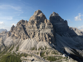 Tre cime di lavaredo view at sunset in summer, Italy