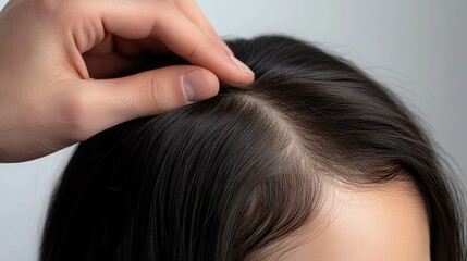Fototapeta premium Close-up of a man hand inspecting a woman hair, revealing significant thinning and balding on her scalp, with a white background emphasizing the hair loss problem.