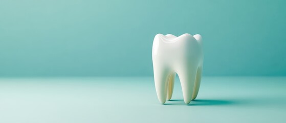 A close-up view of a realistic white tooth on a soothing turquoise background, symbolizing dental health and oral hygiene.