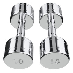 Two blank Round Dumbbells with number 10, chrome weightlifting gym equipment. Png clipart isolated on transparent background
