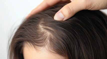 Close-up of a man hand inspecting a woman hair, revealing significant thinning and balding on her scalp, with a white background emphasizing the hair loss problem.