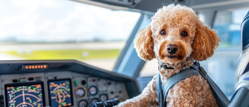 A cute poodle dog in the cockpit of an airplane, showcasing a unique flying experience.