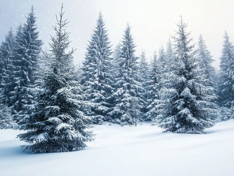 Snowfall in a winter forest creating a magical landscape with fir trees