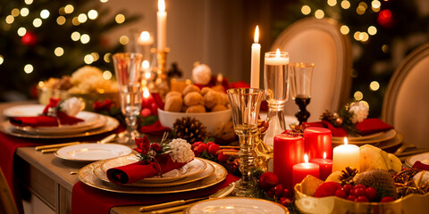 A Festive Holiday Table Set with Candles, Fruits, and Delicious Treats Ready for Celebration