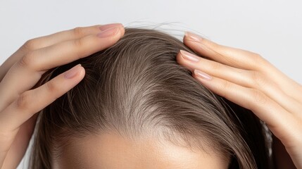 Naklejka premium Close-up of a woman hands gently parting her hair, revealing thinning and sparse areas on the top of her head, against a clean white background, highlighting the issue of hair loss.