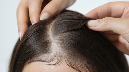 Naklejka premium Close-up of hands parting the hair on a woman scalp, uncovering areas of hair thinning and reduced density on the top of her head, shown against a white background.