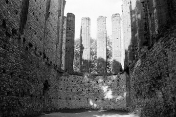 unfinished church in Panensky Tynec in Czechia on 8. July 2024 on black and white film - blurriness and noise of scanned 35mm film were intentionally left in image