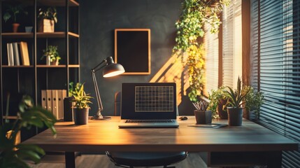 A laptop is on a desk in a room with plants and a black framed picture