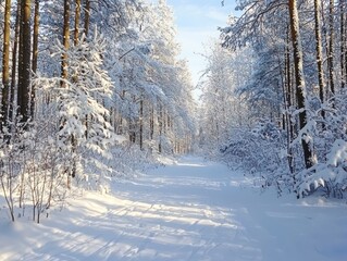 Fototapeta premium Snowy winter forest background, evoking the tranquility of a Christmas atmosphere