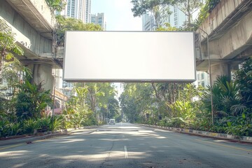Fototapeta premium hyper realistic photo of Horizontal blank advertising poster billboard banner mockup on overhead bridge, on main road; plants and tress in background; for OOH out of home media