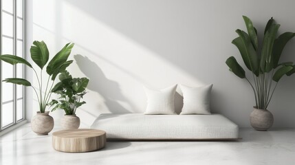 Minimalist Interior Design with White Platform Bed and Greenery