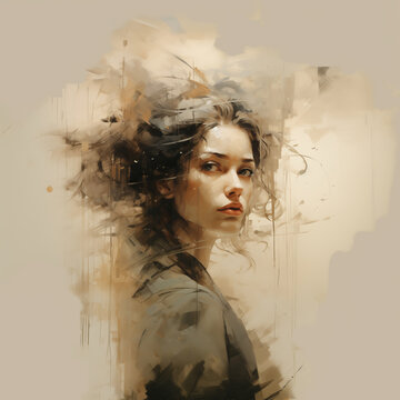 Portrait of a beautiful woman with brush strokes and soft edges. The background is abstracted with a mix of light beige tones that create depth, movement, dreamy atmoshere, calmness and contemplation