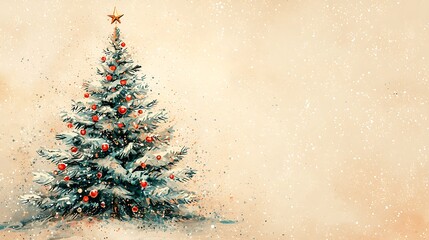 Watercolor christmas tree with falling snow on beige background