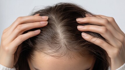 Naklejka premium Detailed shot of a woman hands touching her hair, revealing visible thinning and sparse patches on the crown of her head, set against a white background, highlighting hair loss issues.