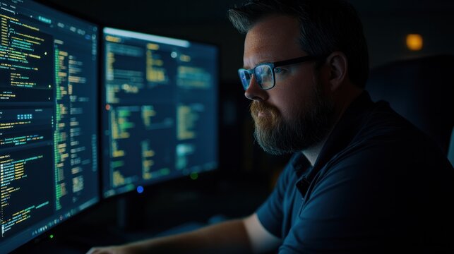 Focused Programmer Analyzing Complex Code on Dual Monitors in Low-Light Environment