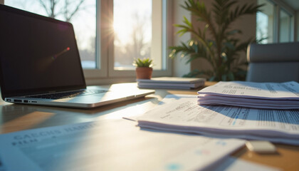 Fototapeta premium Laptop and paperwork on a desk with sunlight streaming through a window in an office setting 