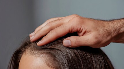 Naklejka premium Hair Loss Concept - Man's Hand Touching Woman's Hair.