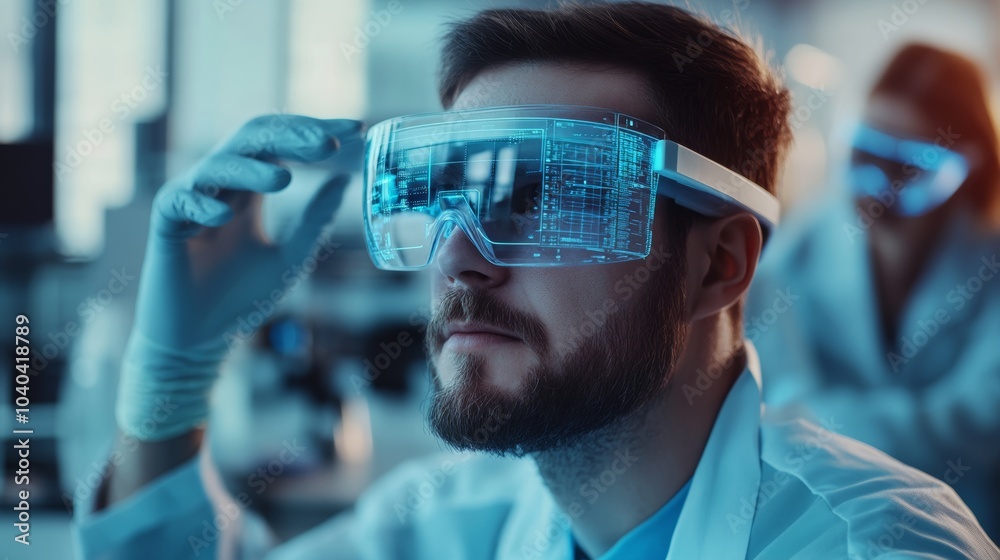 Poster Augmented reality glasses prototype in a research and development lab, innovative workspace with engineers testing new technology, Innovative style