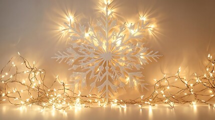 Sparkling snowflake ornament with string lights shining for christmas decoration