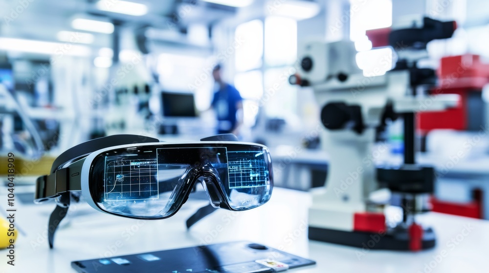 Poster Augmented reality glasses prototype in a research and development lab, innovative workspace with engineers testing new technology, Innovative style
