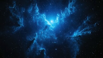 Vibrant blue nebulas swirl and shimmer against a backdrop of deep space