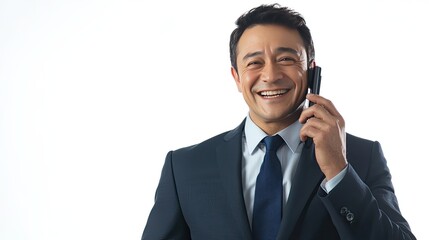 Portrait of a businessman in a suit, smiling while talking on the phone, isolated on a white background. A small warning sign suggests attention to privacy and secure communication.