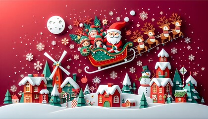 Christmas Card: Paper Crafts. Christmas scenery with Santa Claus and reindeer