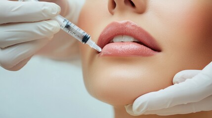 Rejuvenating facial injections captured in an above view, as an elegant woman receives lip augmentation, emphasizing the modern beauty procedure in a serene spa atmosphere.