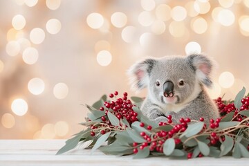 Fototapeta premium Little koala joyfully nestled in a festive wreath with red berries and green leaves under warm lighting