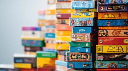 Stacks of colorful board games on table, vibrant and varied elements
