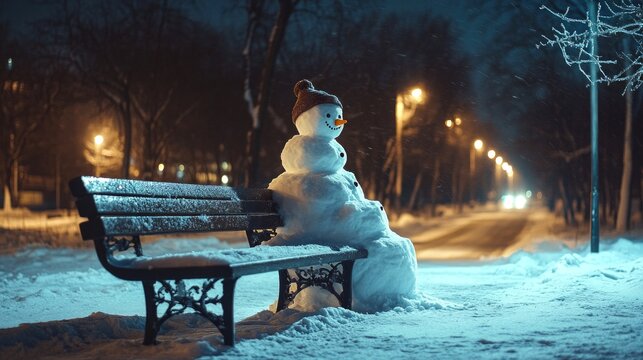 A whimsical winter scene features a snowman sitting on a park bench at night. Soft light illuminates the snowy landscape, creating a serene atmosphere. Ideal for seasonal themes. AI