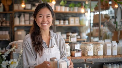 Entrepreneurial Asian woman discussing eco-friendly packaging solutions with customers, showcasing plastic-free options in her retail shop