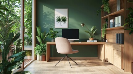 A green room with a desk and chair, a computer monitor, and a potted plant